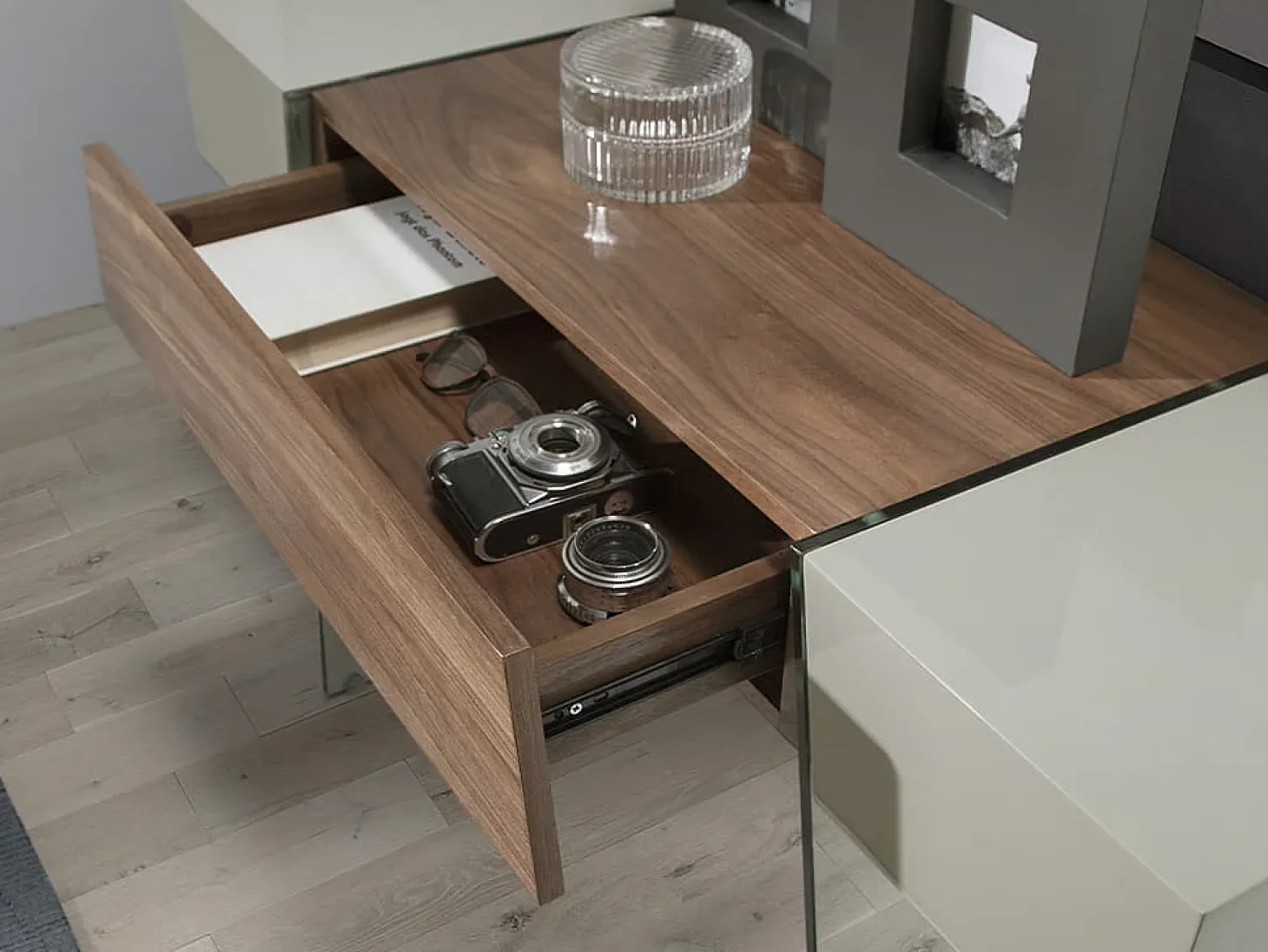 Consola rectangular madera gris, nogal y cristal templado 3029 ANGEL CERDA
