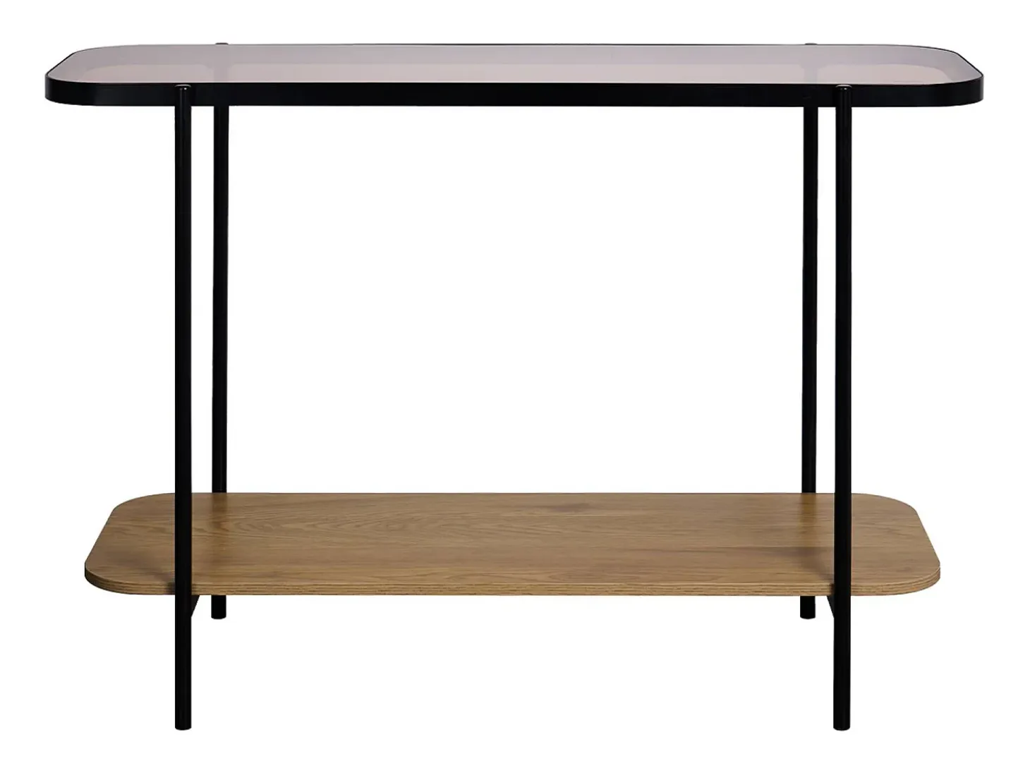 Consola vintage de metal negro con tapa de cristal y decoración de