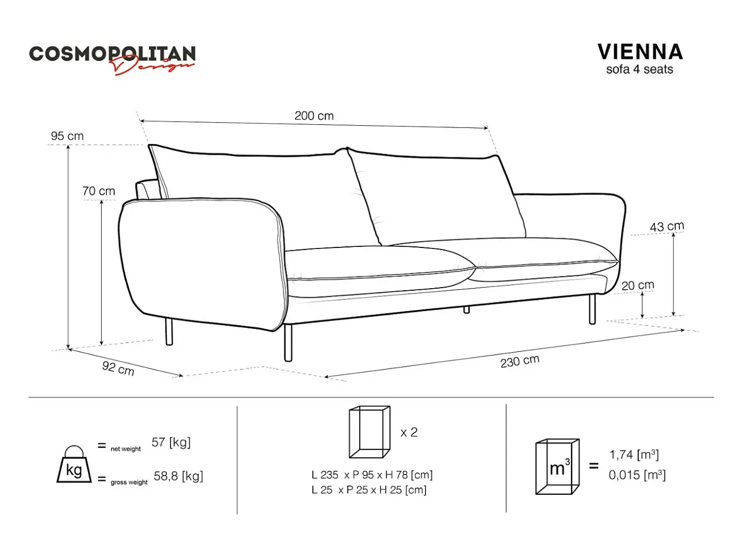 Cosmopolitan Design - Sofá "Vienna" 4 plazas de terciopelo azul regio - 230x92x95cm
