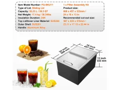 Cubo de Hielo SucceBuy, 55,23 L, 61x46x33 cm, Nevera de Acero Inoxidable con Tapa Deslizante, para Cocina Exterior Vino Cerveza