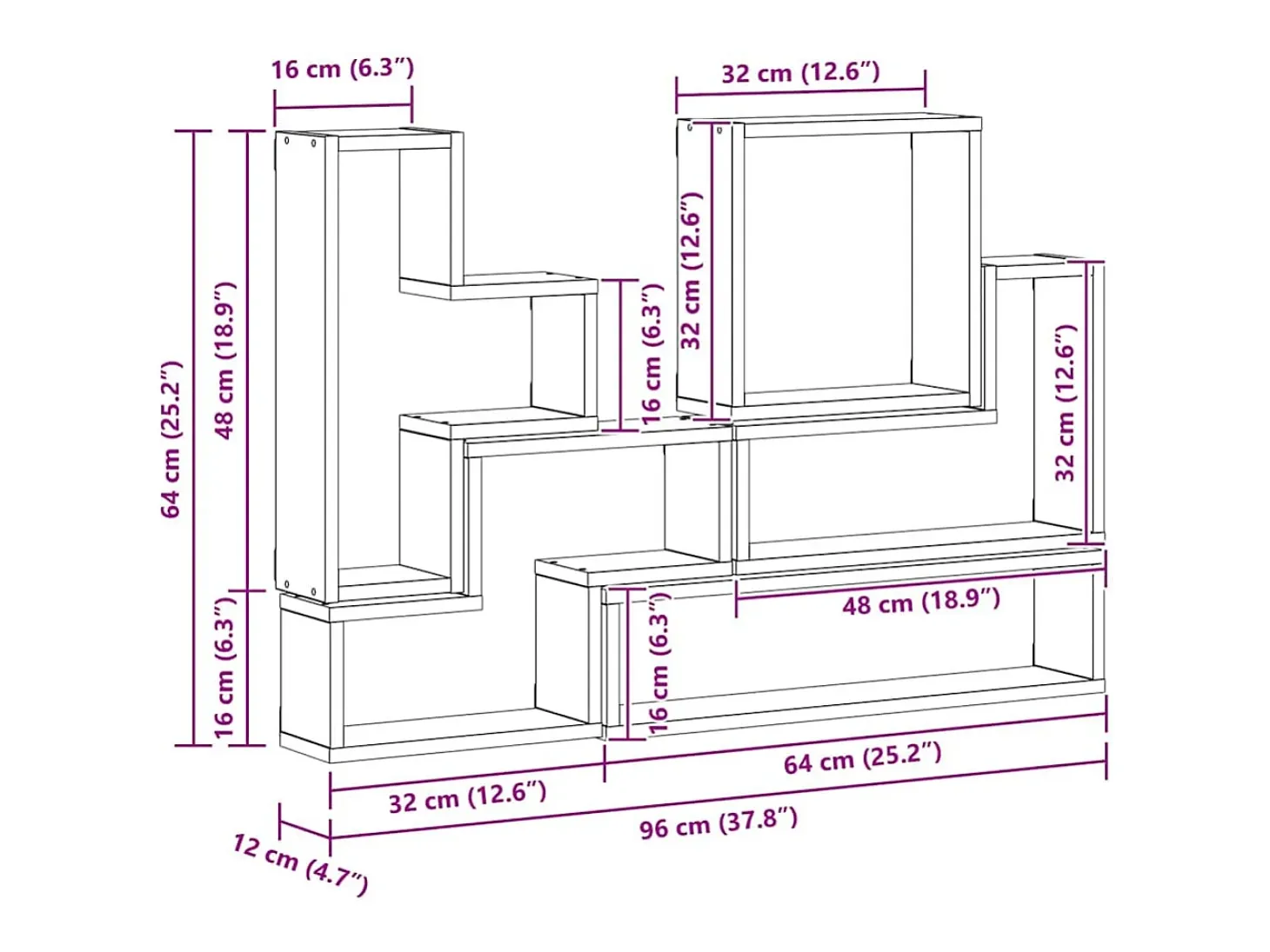 Cubo de pared Otros Roble Negro 96 x 12 x 64 cm Madera de ingeniería