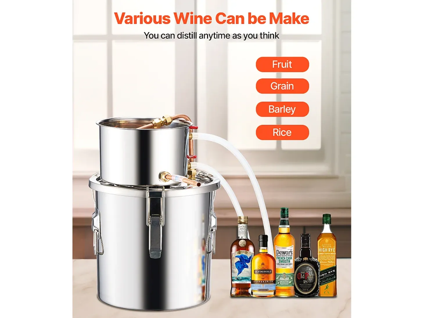 Destilador de Alcohol SucceBuy, Alambique de Alcohol, 11.4 L, Kit de Cervecería en Acero Inoxidable, con Serpentín de Cobre