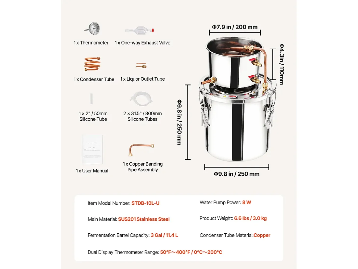 Destilador de Alcohol SucceBuy, Alambique de Alcohol, 11.4 L, Kit de Cervecería en Acero Inoxidable, con Serpentín de Cobre