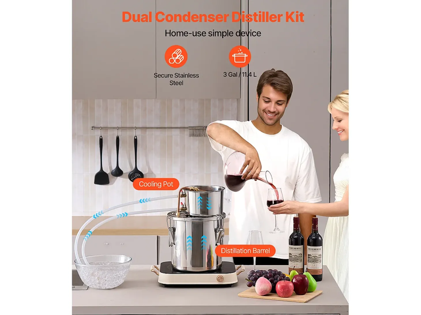 Destilador de Alcohol SucceBuy, Alambique de Alcohol, 11.4 L, Kit de Cervecería en Acero Inoxidable, con Serpentín de Cobre