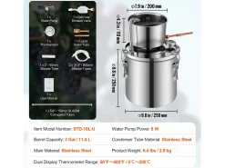 Destilador de Alcohol SucceBuy Destilador de Agua sin Gas de 11 L con Bomba de Agua de Acero Inoxidable
