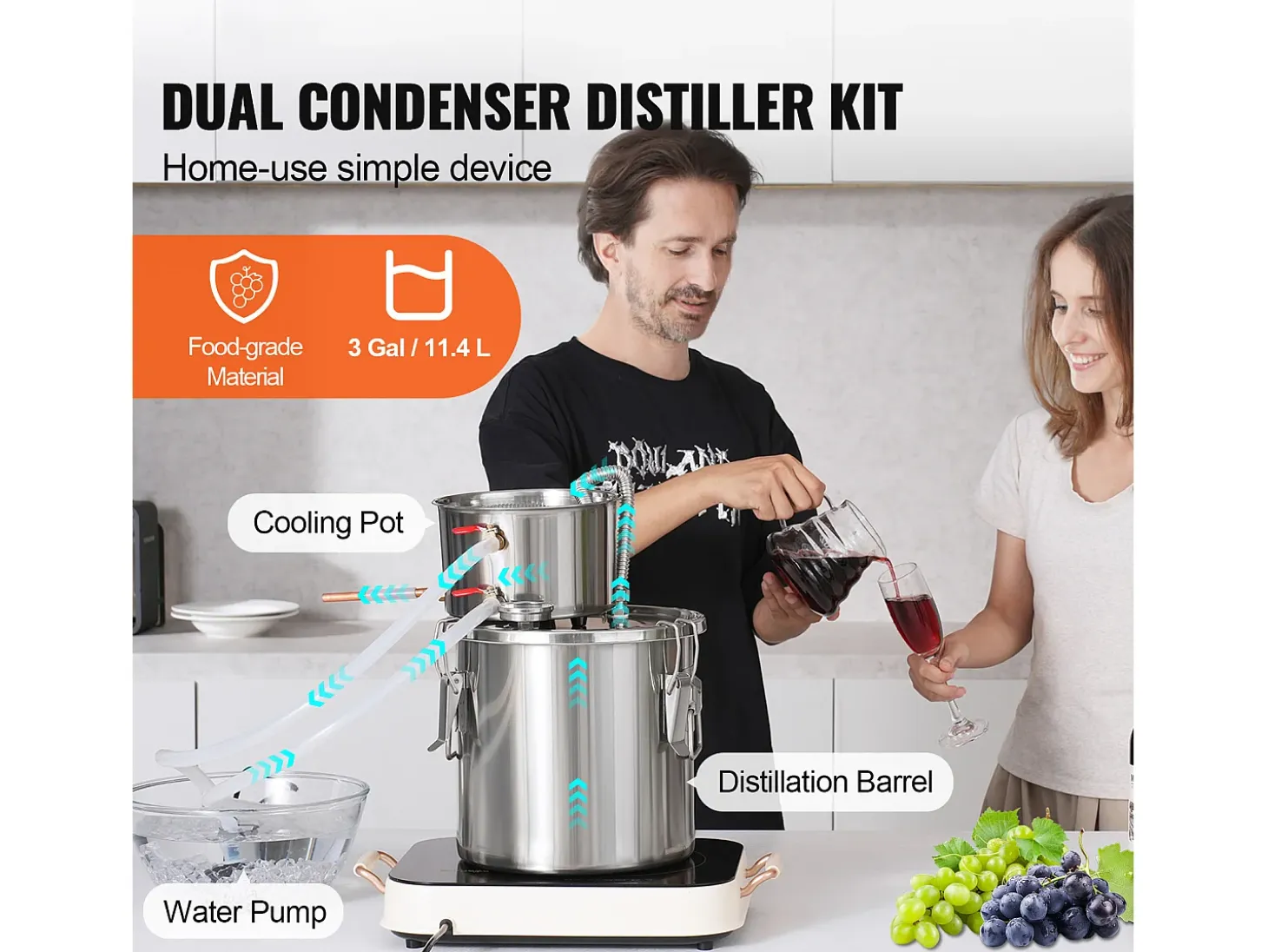 Destilador de Alcohol SucceBuy Destilador de Agua sin Gas de 11 L con Bomba de Agua de Acero Inoxidable