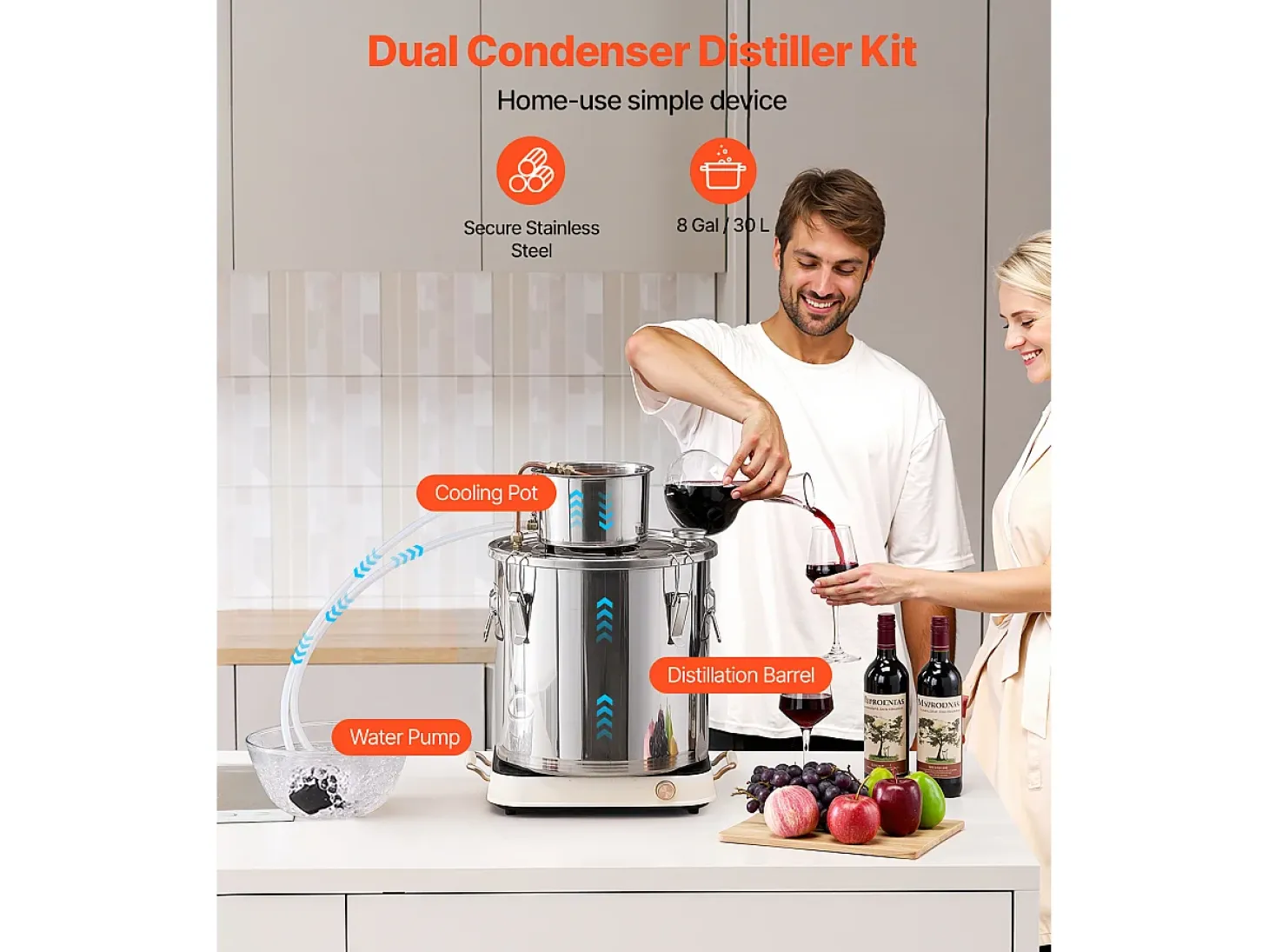 Destilador de Alcohol SucceBuy Kit de Destilación de Agua y Alcohol sin Gas de 30 L en Acero Inoxidable
