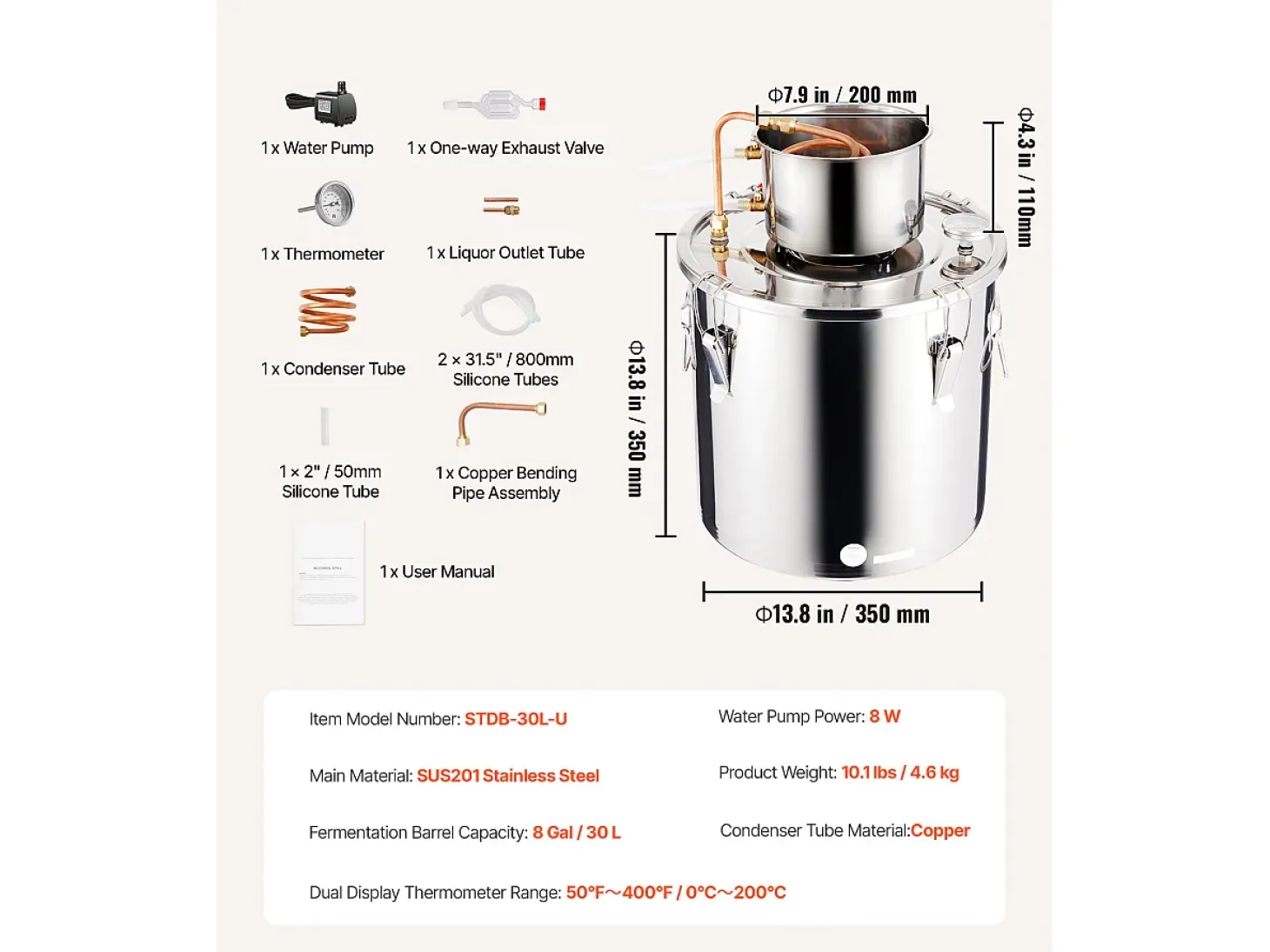Destilador de Alcohol SucceBuy Kit de Destilación de Agua y Alcohol sin Gas de 30 L en Acero Inoxidable