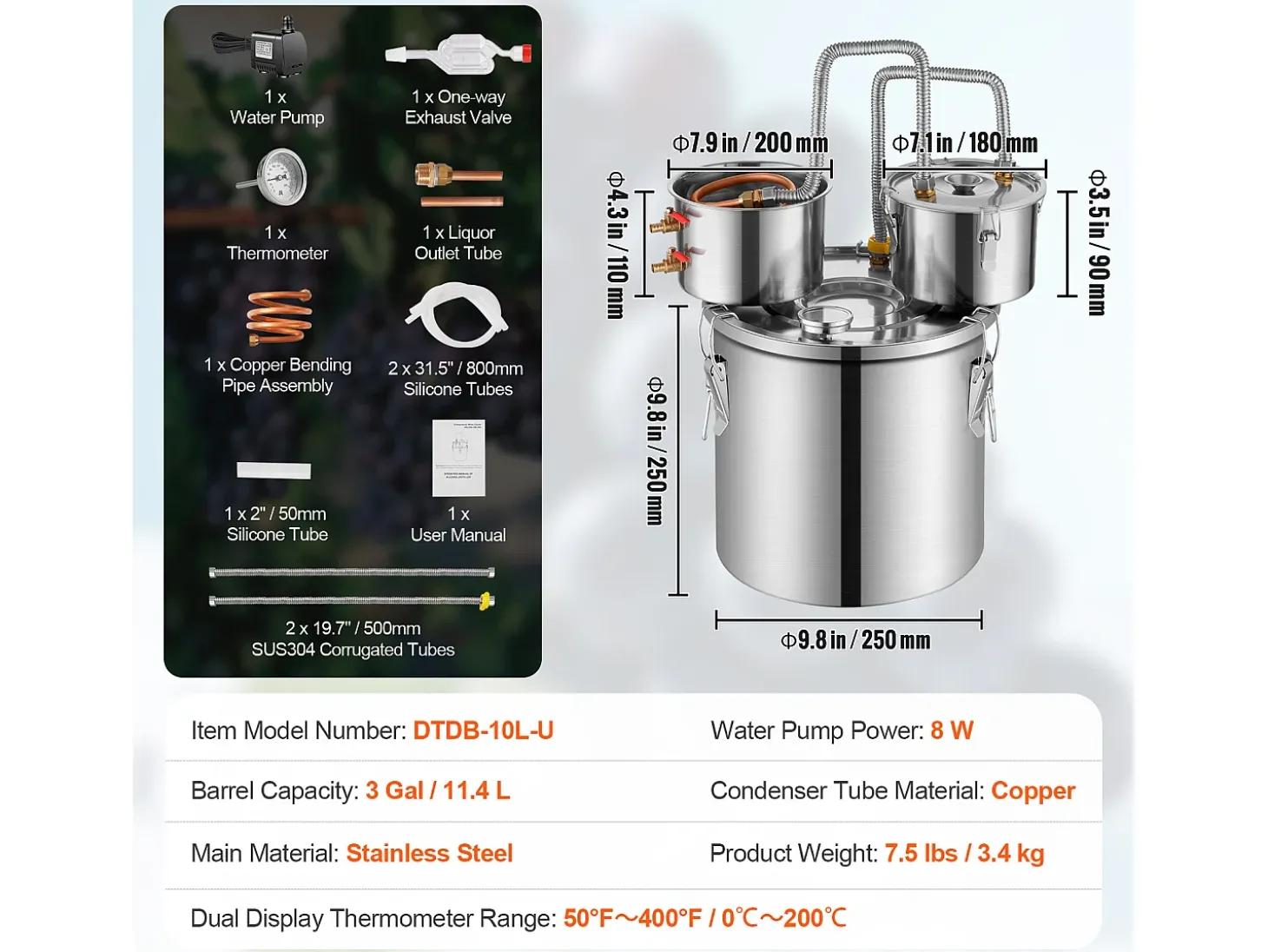 Destilador de Alcohol SucceBuy Destilador de Agua sin Gas de 11 L con Barril Thumper y Bomba de Agua de 8 W Bomba