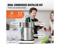 Destilador de Alcohol SucceBuy Destilador de Agua sin Gas de 11 L con Barril Thumper y Bomba de Agua de 8 W Bomba