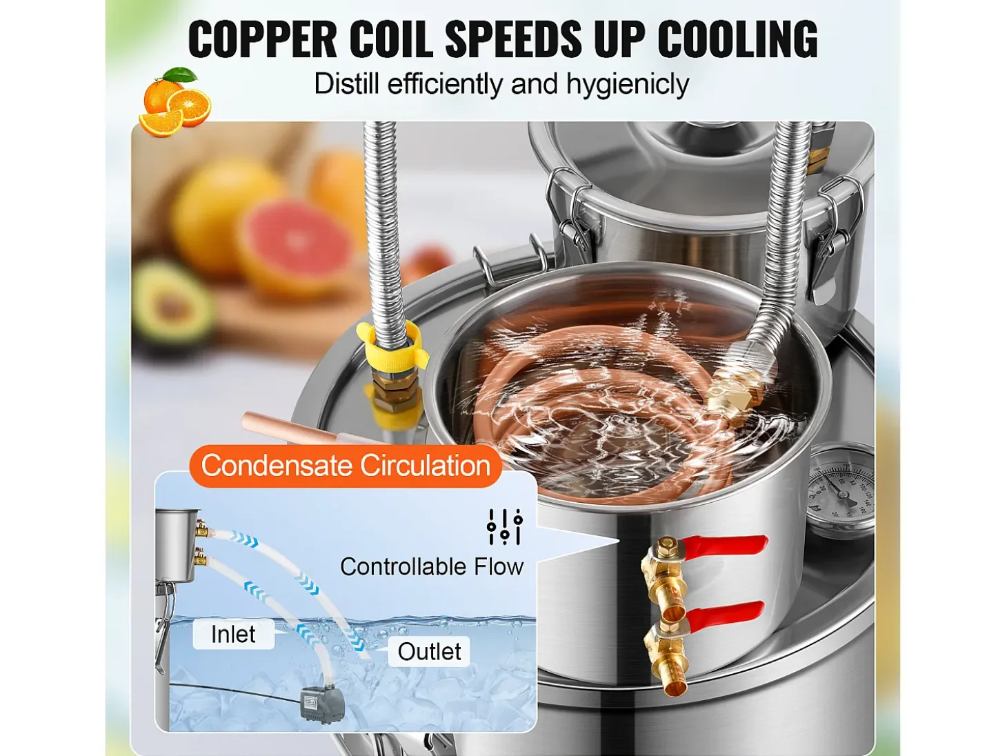 Destilador de Alcohol SucceBuy Destilador de Agua sin Gas de 11 L con Barril Thumper y Bomba de Agua de 8 W Bomba