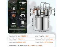 Destilador de Alcohol SucceBuy Destilador de Agua sin Gas Moonshine de 30 L con Barril Thumper y Bomba de Agua de 8 W
