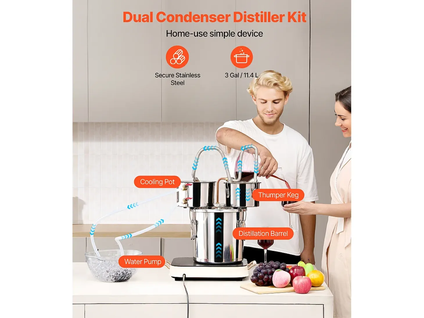 Destilador de Alcohol SucceBuy Destilador de Agua sin Gas de 11 L con Barril Thumper y Bomba de Agua de 8 W