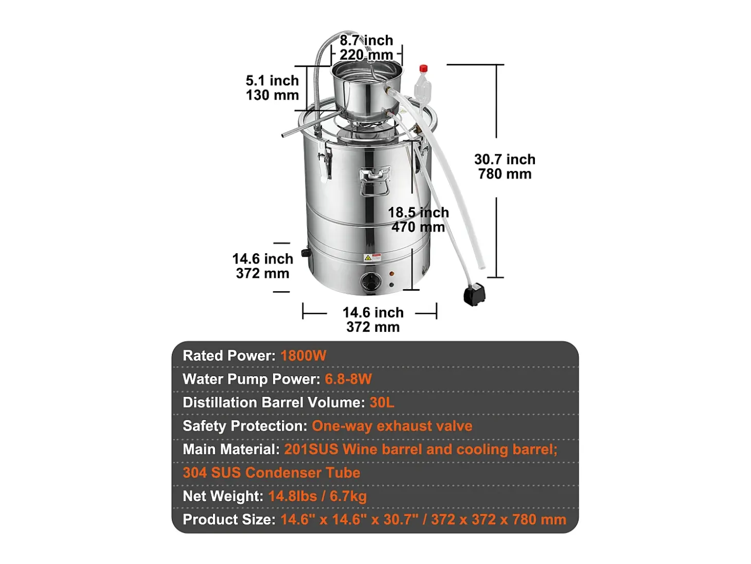 Destilador de Alcohol SucceBuy Destilador de Agua y Alcohol sin Gas de 34 L con Barril Thumper y Bomba de Agua