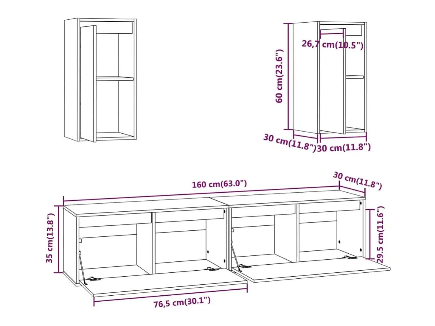 Dirkin Muebles para TV 4 piezas madera maciza de pino blanco