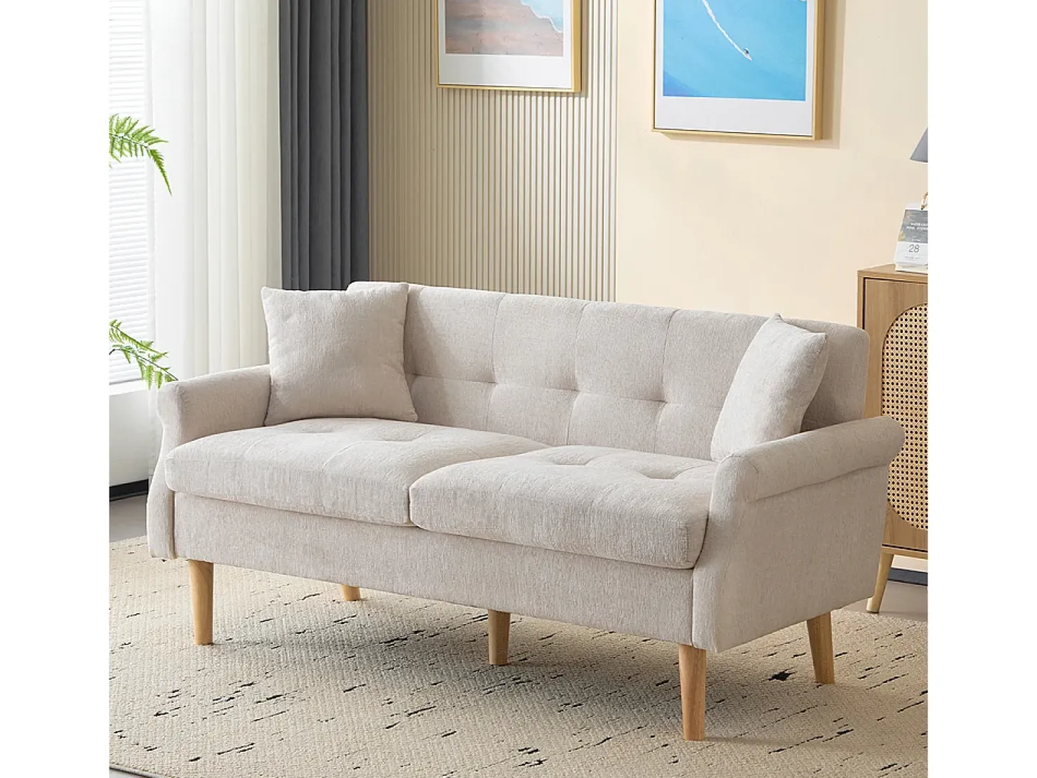 Diseño moderno, muebles tapizados, sofá doble, sofá tapizado con cojines gruesos, beige