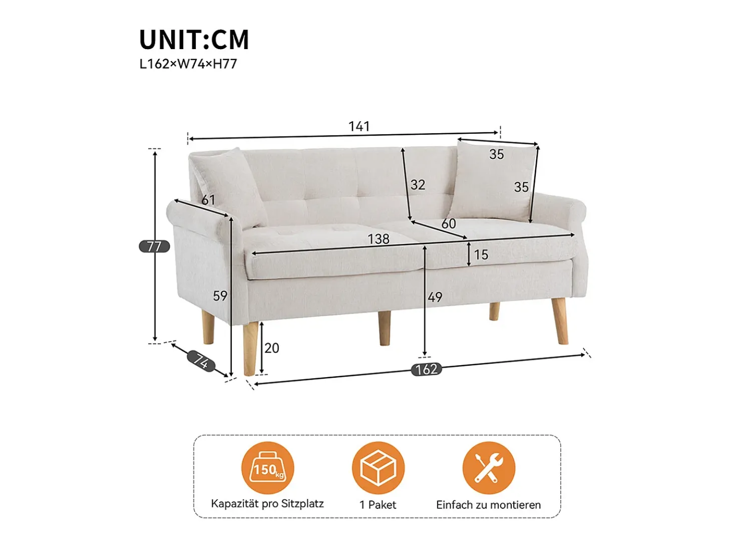 Diseño moderno, muebles tapizados, sofá doble, sofá tapizado con cojines gruesos, beige