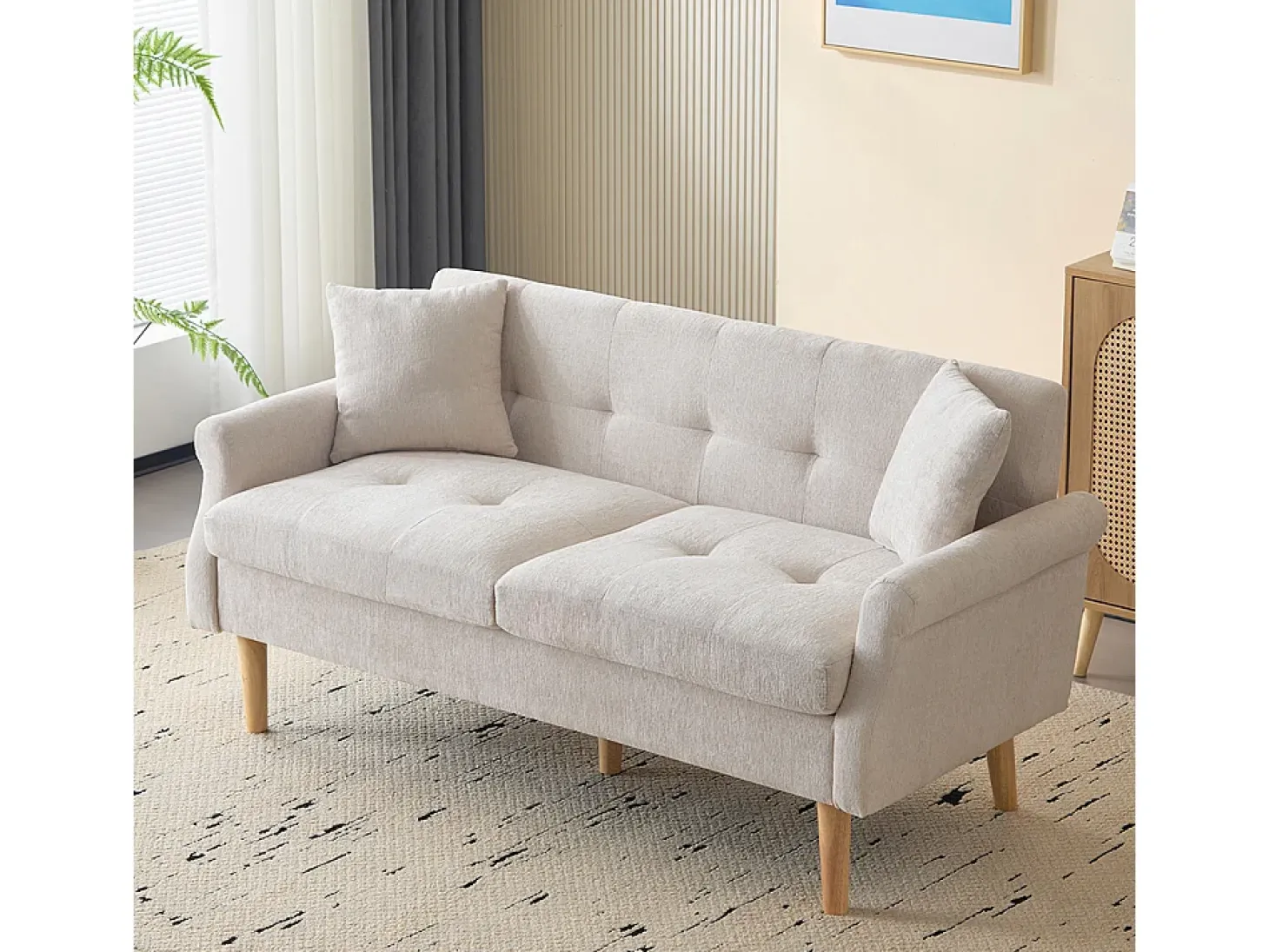 Diseño moderno, muebles tapizados, sofá doble, sofá tapizado con cojines gruesos, beige