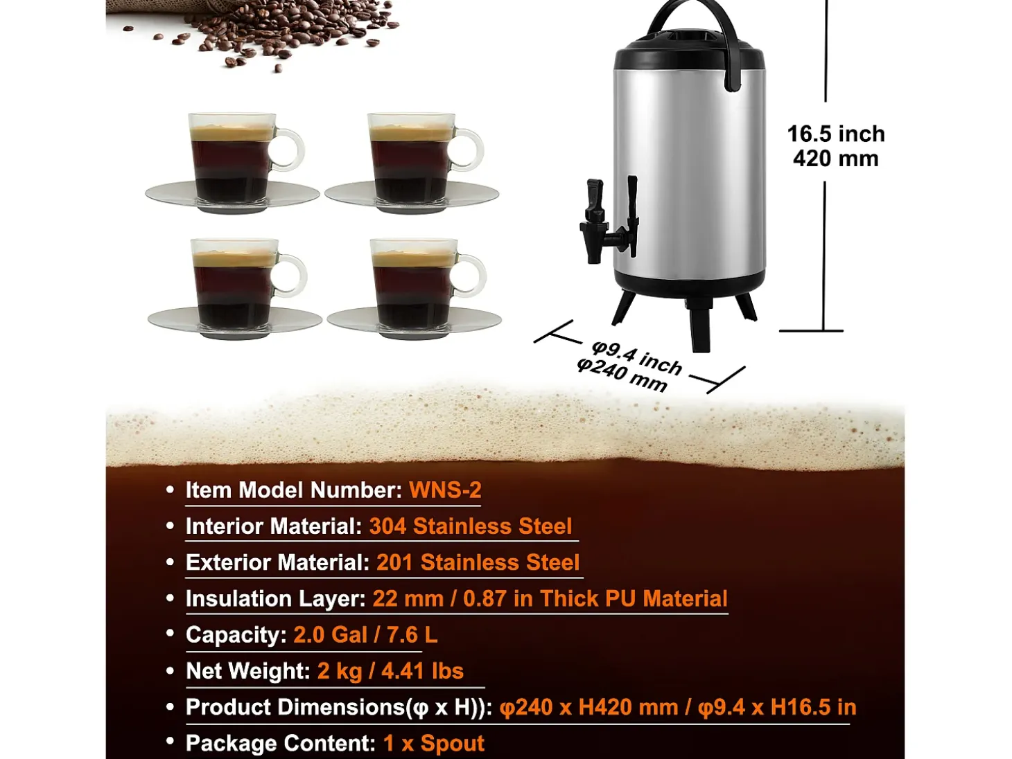 Dispensador de Bebidas, SucceBuy Dispensador de Bebidas de Acero Inoxidable con Aislamiento de 7,6 L