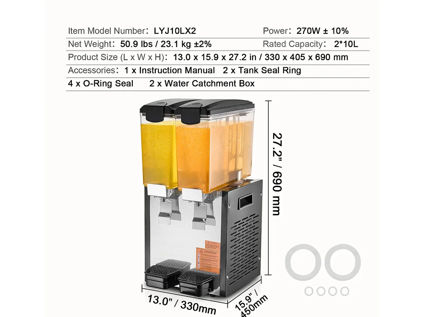 Distribuidor de Bebidas Comerciales SucceBuy 10 L x 2 Depósitos, Distribuidor de Bebidas Heladas y Jugos Fríos