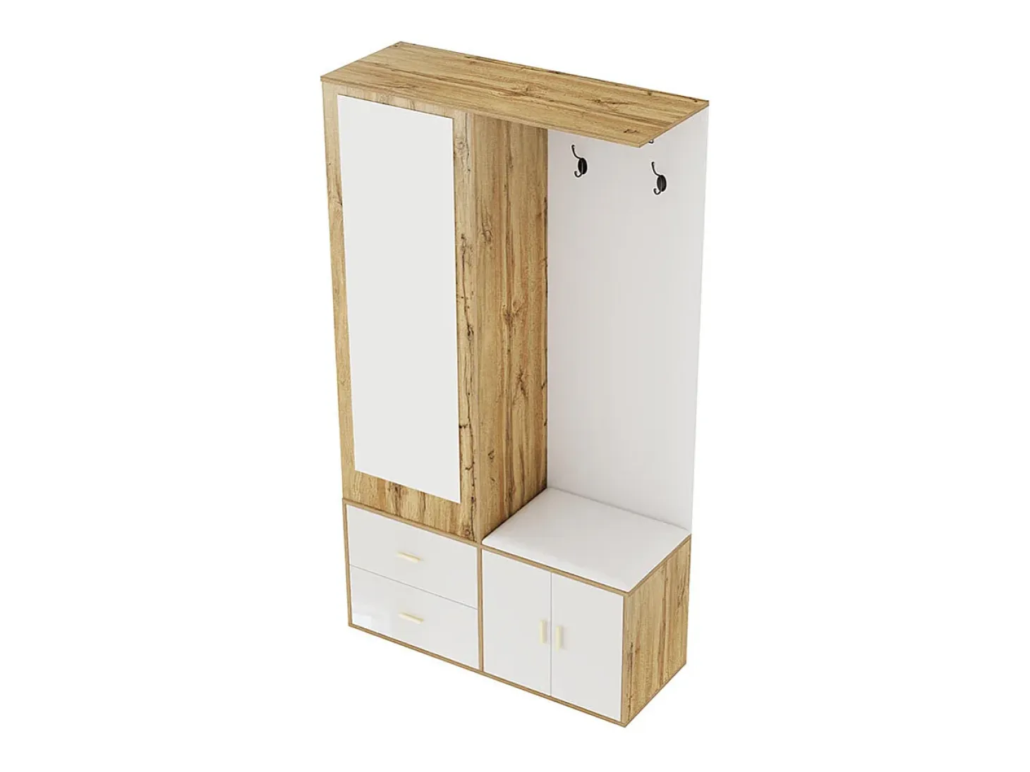 Elegante conjunto de armario en blanco y madera en bruto con espejo, mueble zapatero, banco zapatero con ganchos y perchas correderas