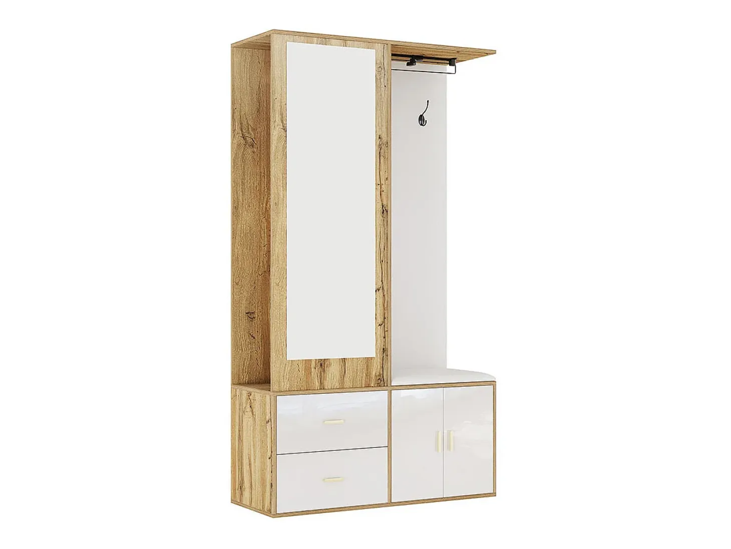 Elegante conjunto de armario en blanco y madera en bruto con espejo, mueble zapatero, banco zapatero con ganchos y perchas correderas