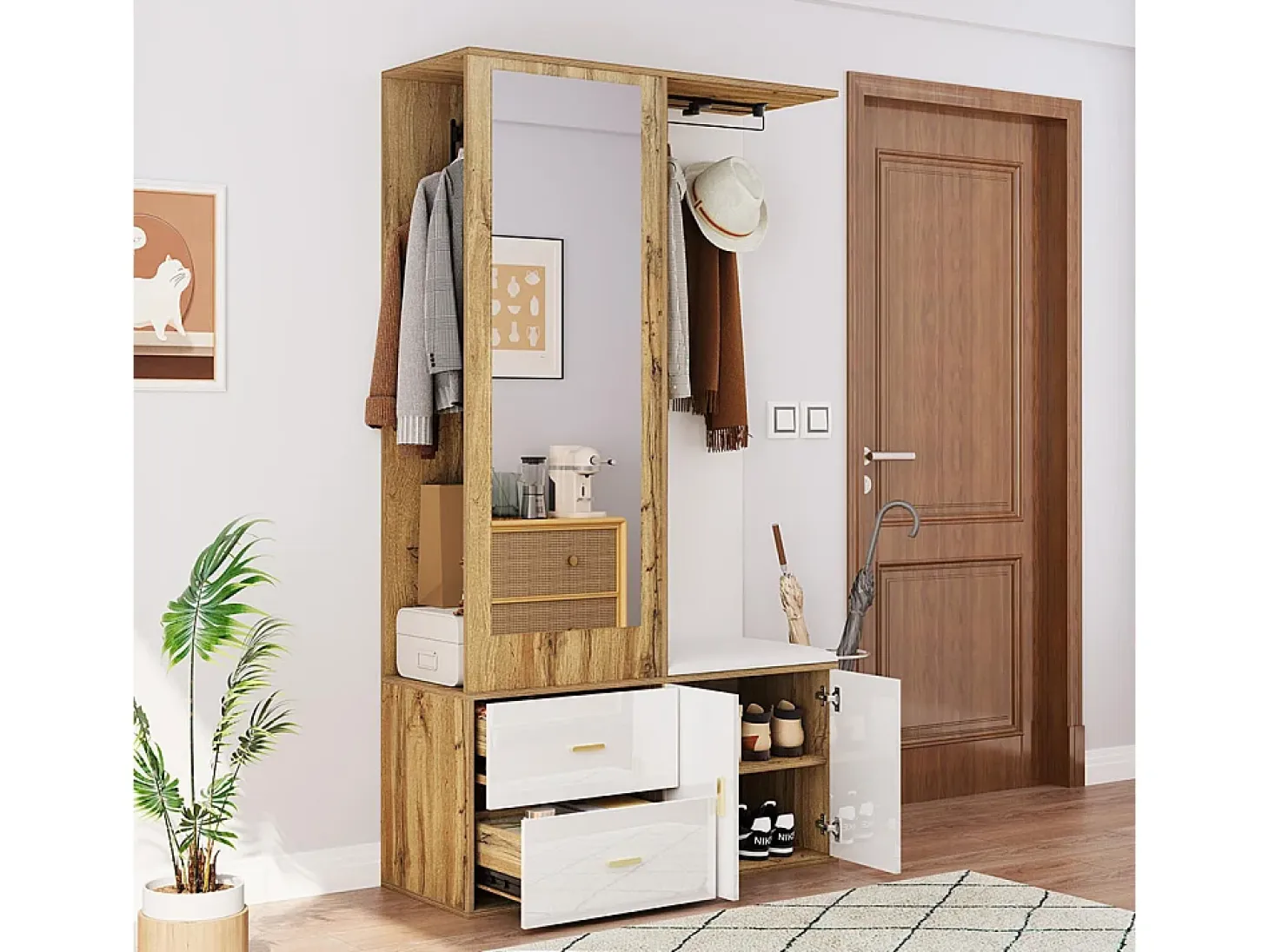 Elegante conjunto de armario en blanco y madera en bruto con espejo, mueble zapatero, banco zapatero con ganchos y perchas correderas