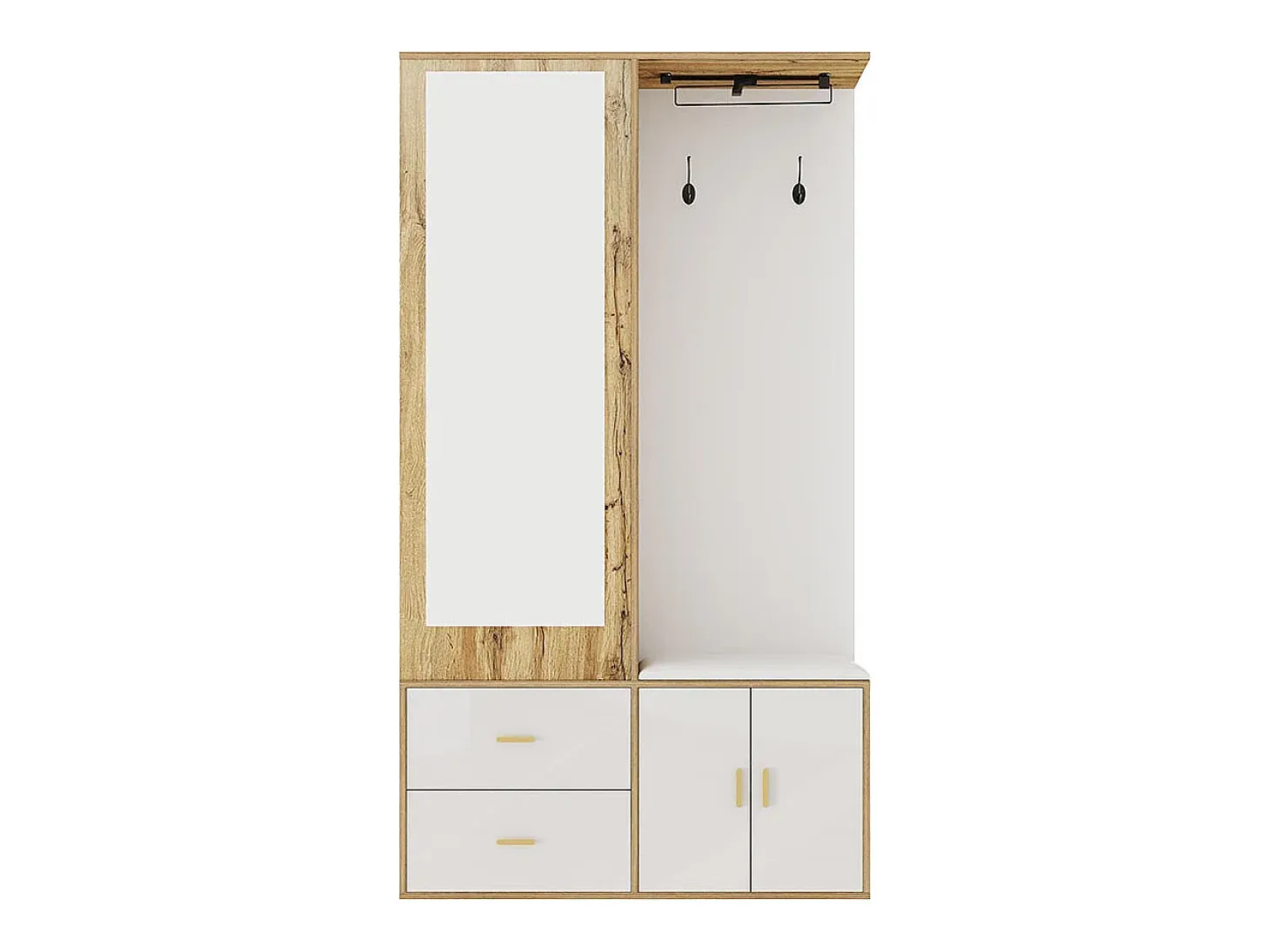 Elegante conjunto de armario en blanco y madera en bruto con espejo, mueble zapatero, banco zapatero con ganchos y perchas correderas