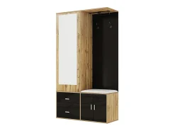 Elegante conjunto de armario en negro y madera en bruto con espejo, mueble zapatero, banco zapatero con ganchos y perchas correderas
