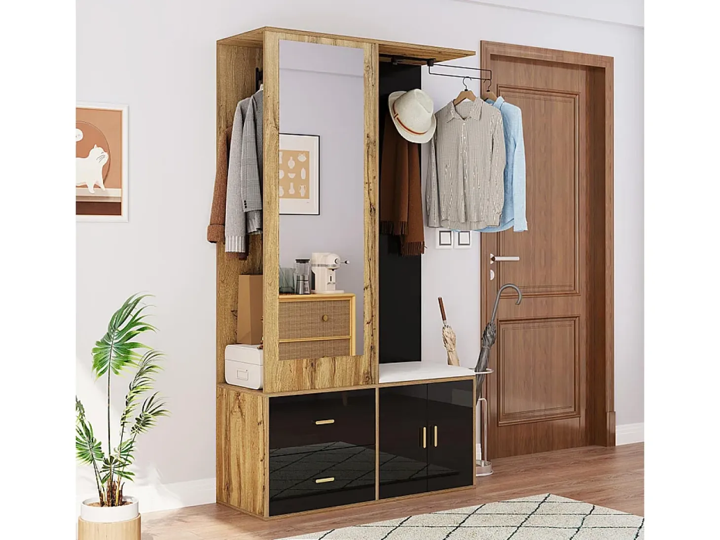 Elegante conjunto de armario en negro y madera en bruto con espejo, mueble zapatero, banco zapatero con ganchos y perchas correderas