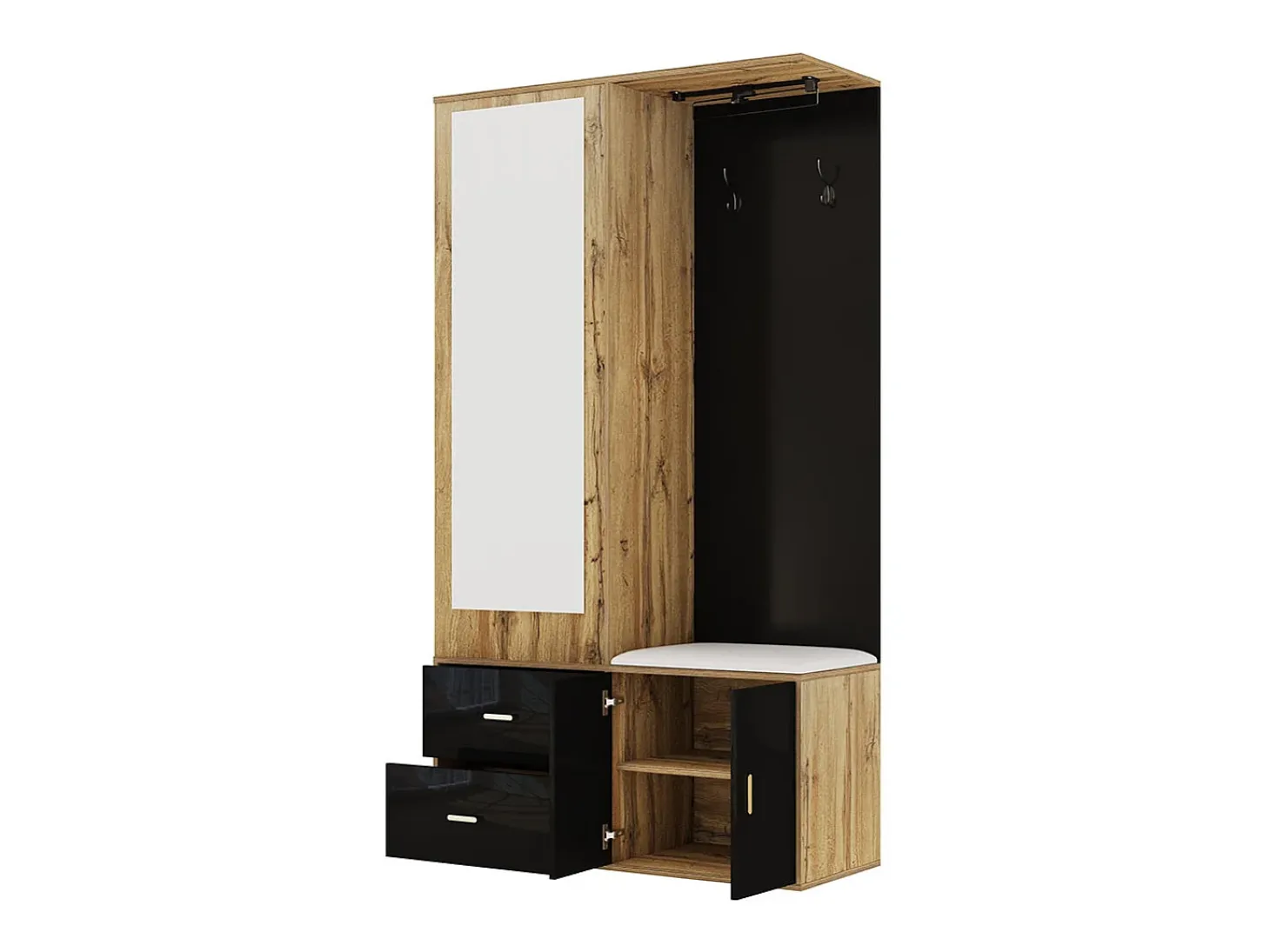 Elegante conjunto de armario en negro y madera en bruto con espejo, mueble zapatero, banco zapatero con ganchos y perchas correderas