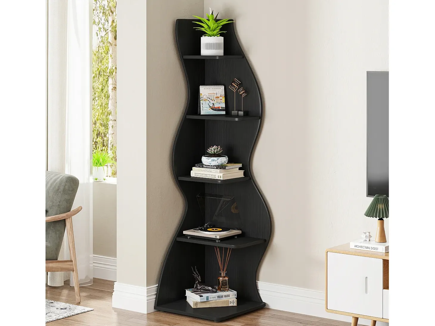 Elegante pequeña biblioteca de esquina - Estantería de esquina moderna de 5 niveles - Forma única para salón, oficina en casa - Negro