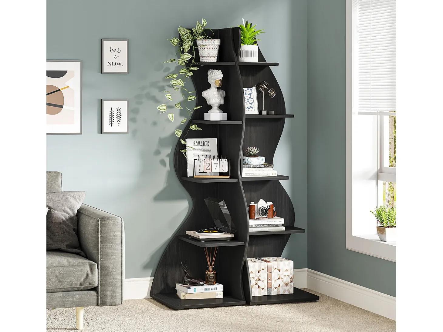 Elegante pequeña biblioteca de esquina - Estantería de esquina moderna de 5 niveles - Forma única para salón, oficina en casa - Negro