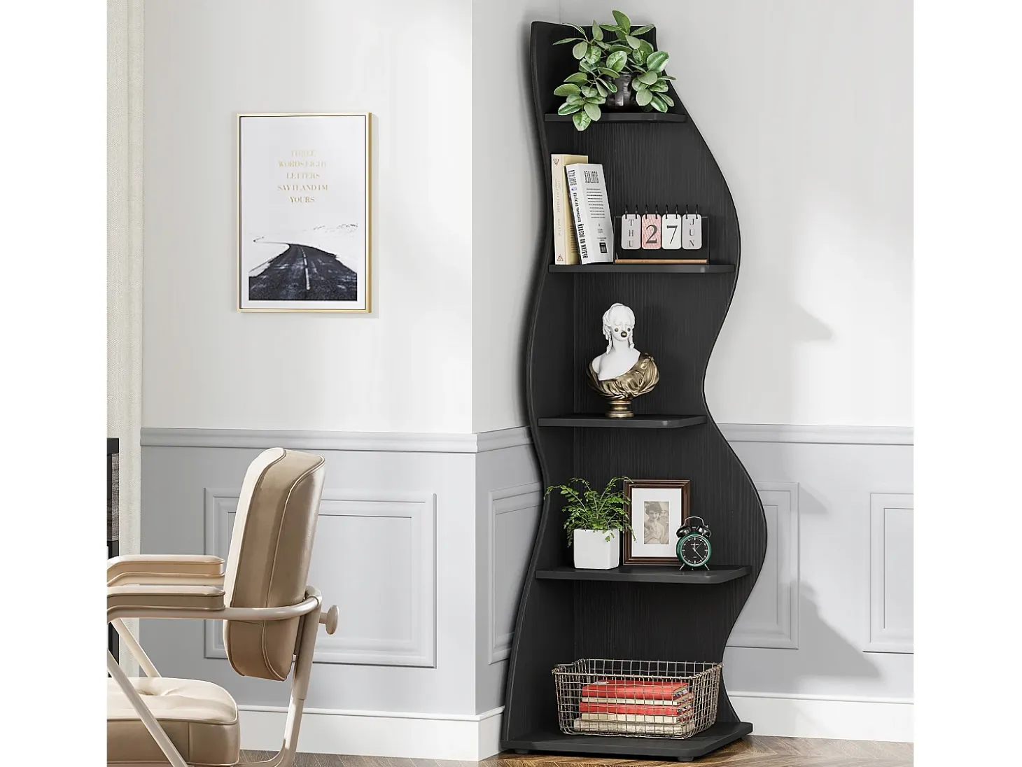 Elegante pequeña biblioteca de esquina - Estantería de esquina moderna de 5 niveles - Forma única para salón, oficina en casa - Negro