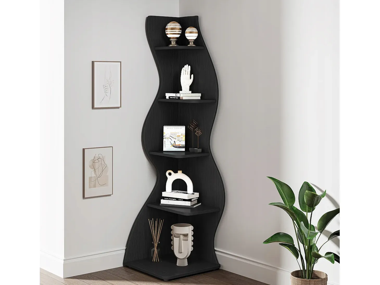 Elegante pequeña biblioteca de esquina - Estantería de esquina moderna de 5 niveles - Forma única para salón, oficina en casa - Negro