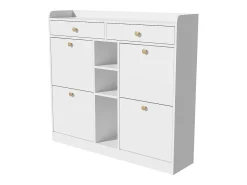 Elegante zapatero con 4 puertas abatibles, 2 cajones, 3 compartimentos abiertos, color blanco
