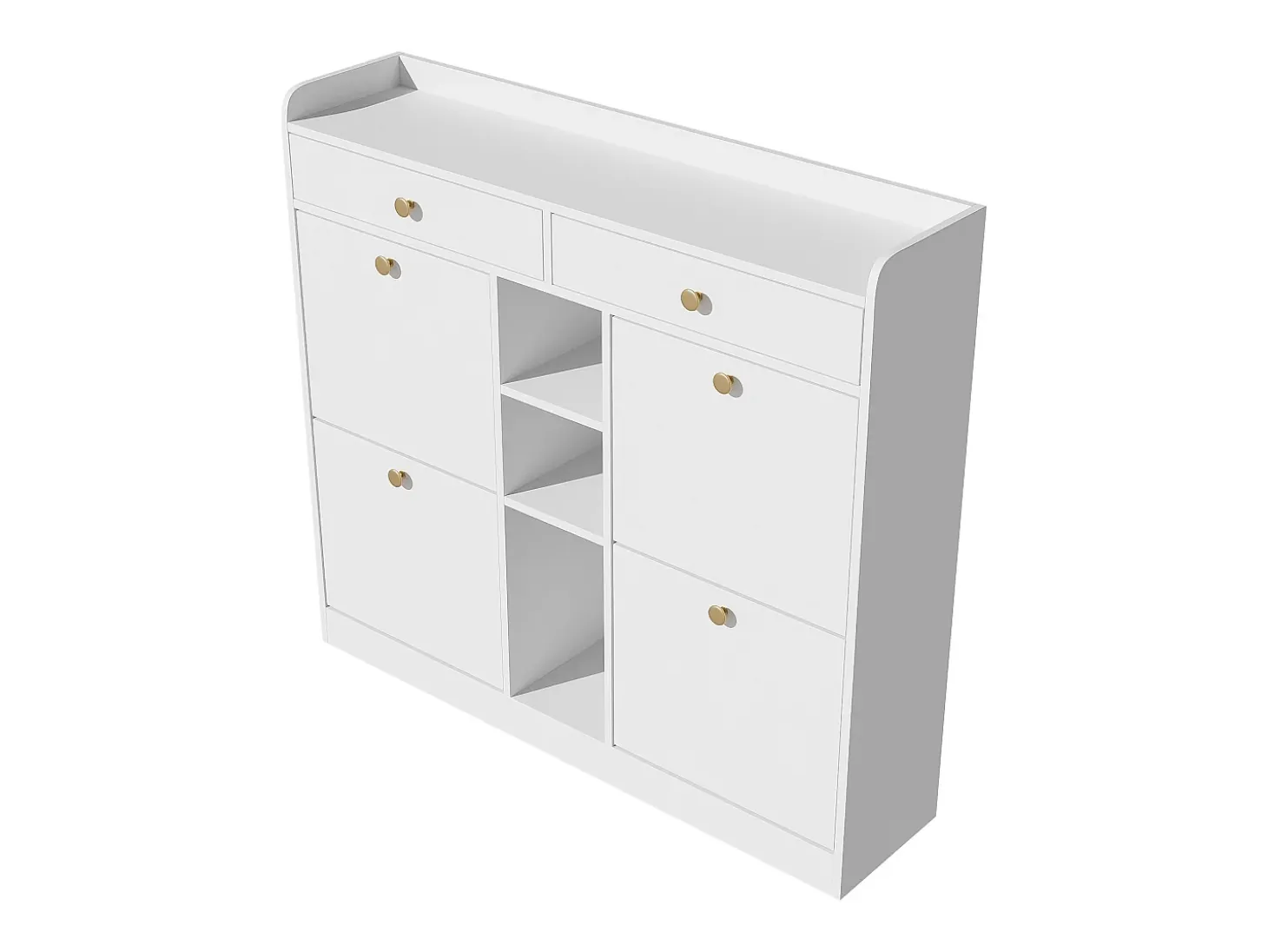 Elegante zapatero con 4 puertas abatibles, 2 cajones, 3 compartimentos abiertos, color blanco
