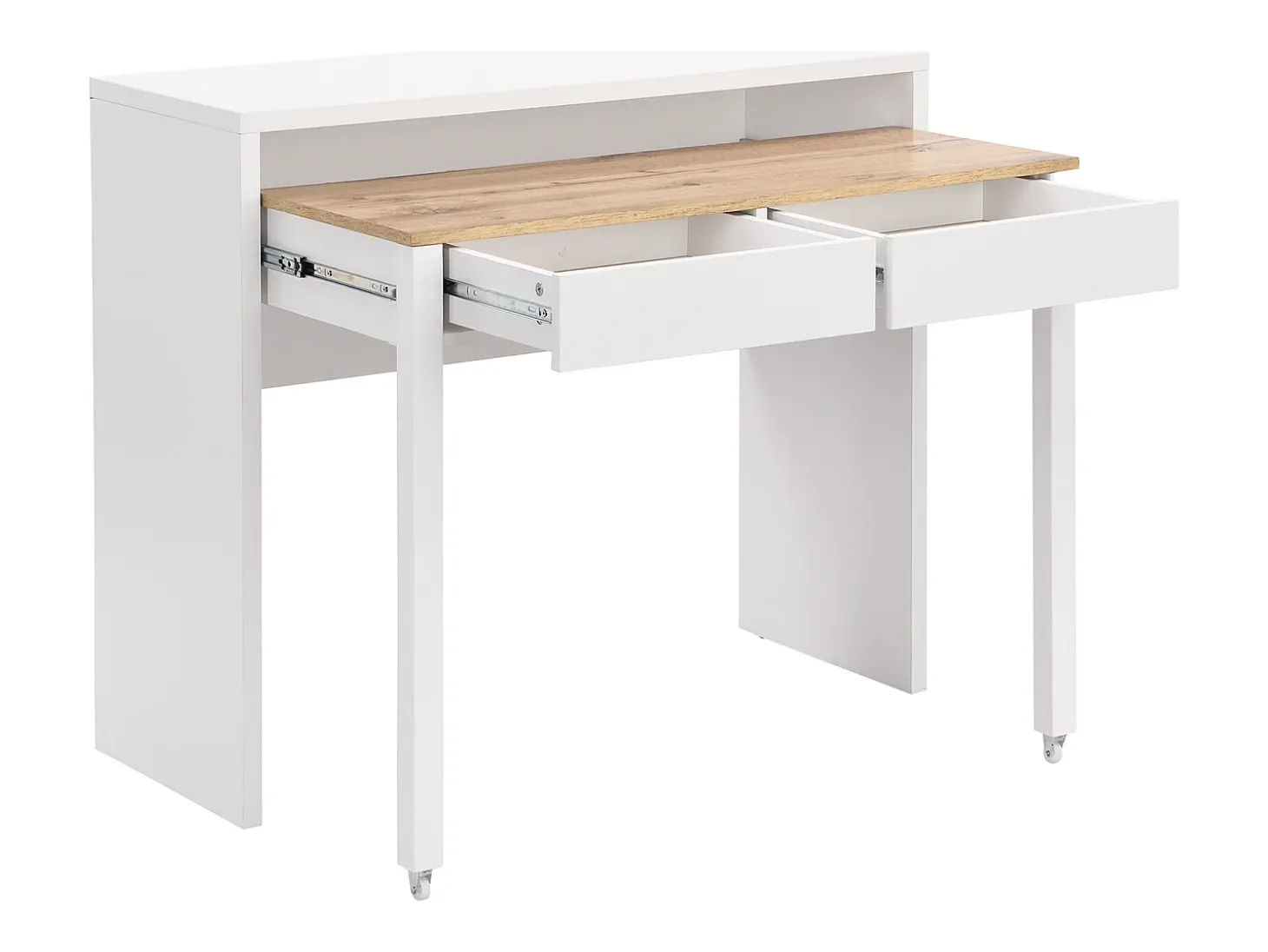 Escritorio consola extensible con 2 cajones en color blanco y natural - LOAVIA