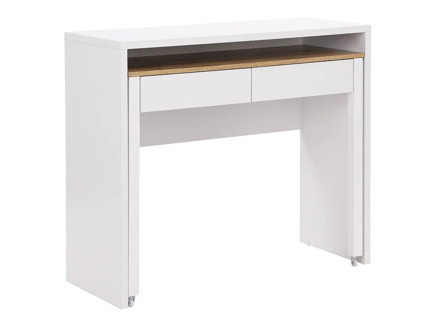Escritorio consola extensible con 2 cajones en color blanco y natural - LOAVIA