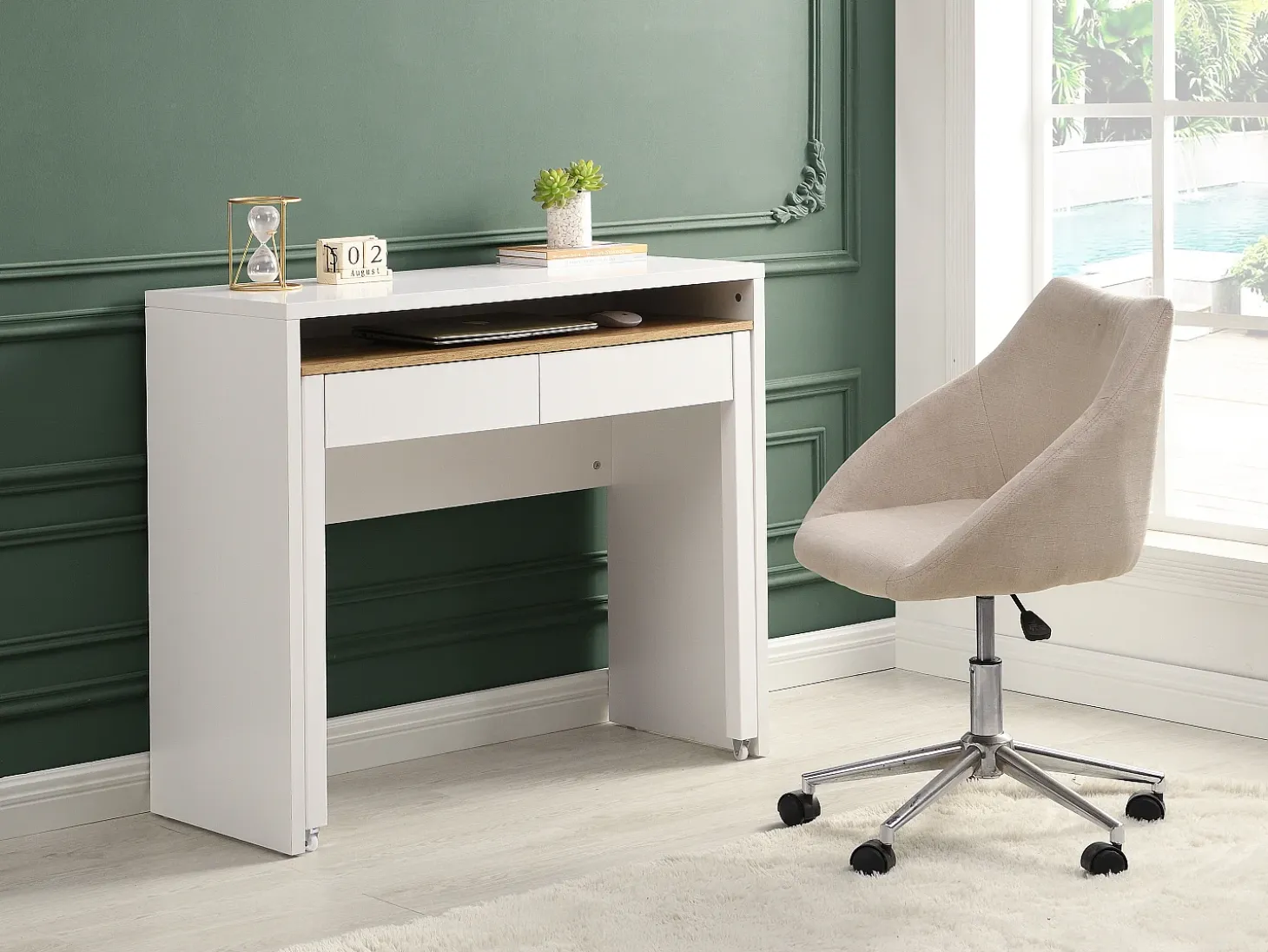Escritorio consola extensible con 2 cajones en color blanco y natural - LOAVIA