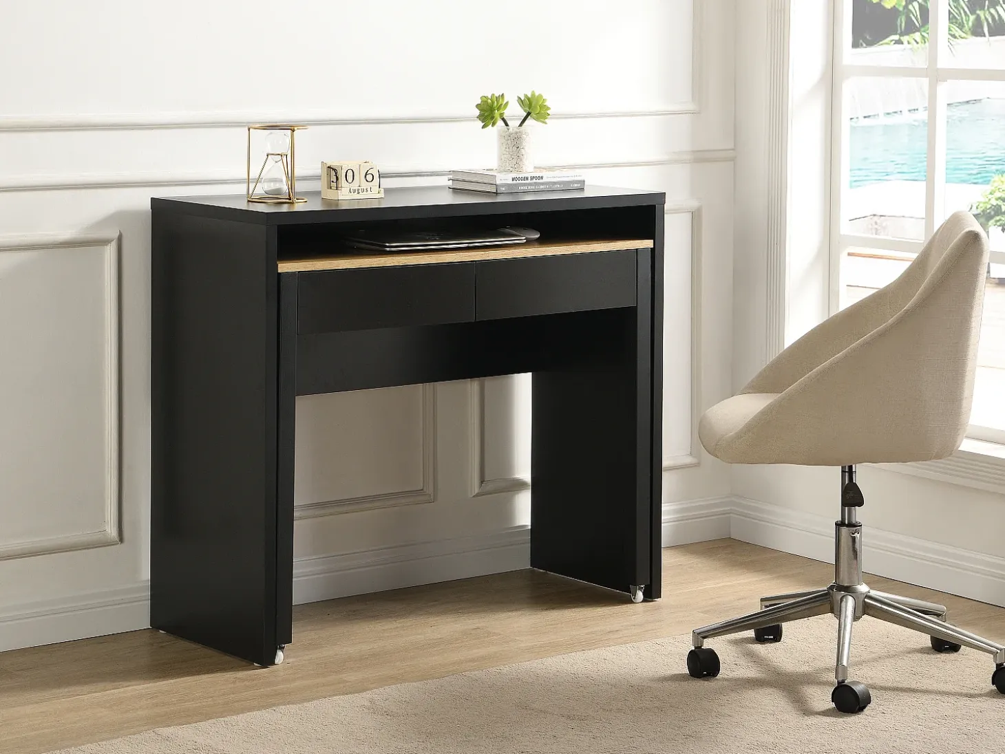 Escritorio consola extensible con 2 cajones en color negro y natural - LOAVIA