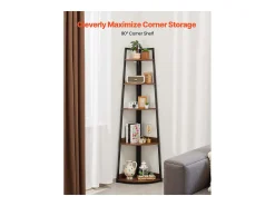 Estante de Esquina SucceBuy de 5 Niveles, Librería de Esquina, Altura 178 cm, Mueble de Almacenamiento de Pared con Marco de Metal y Estantes de Madera