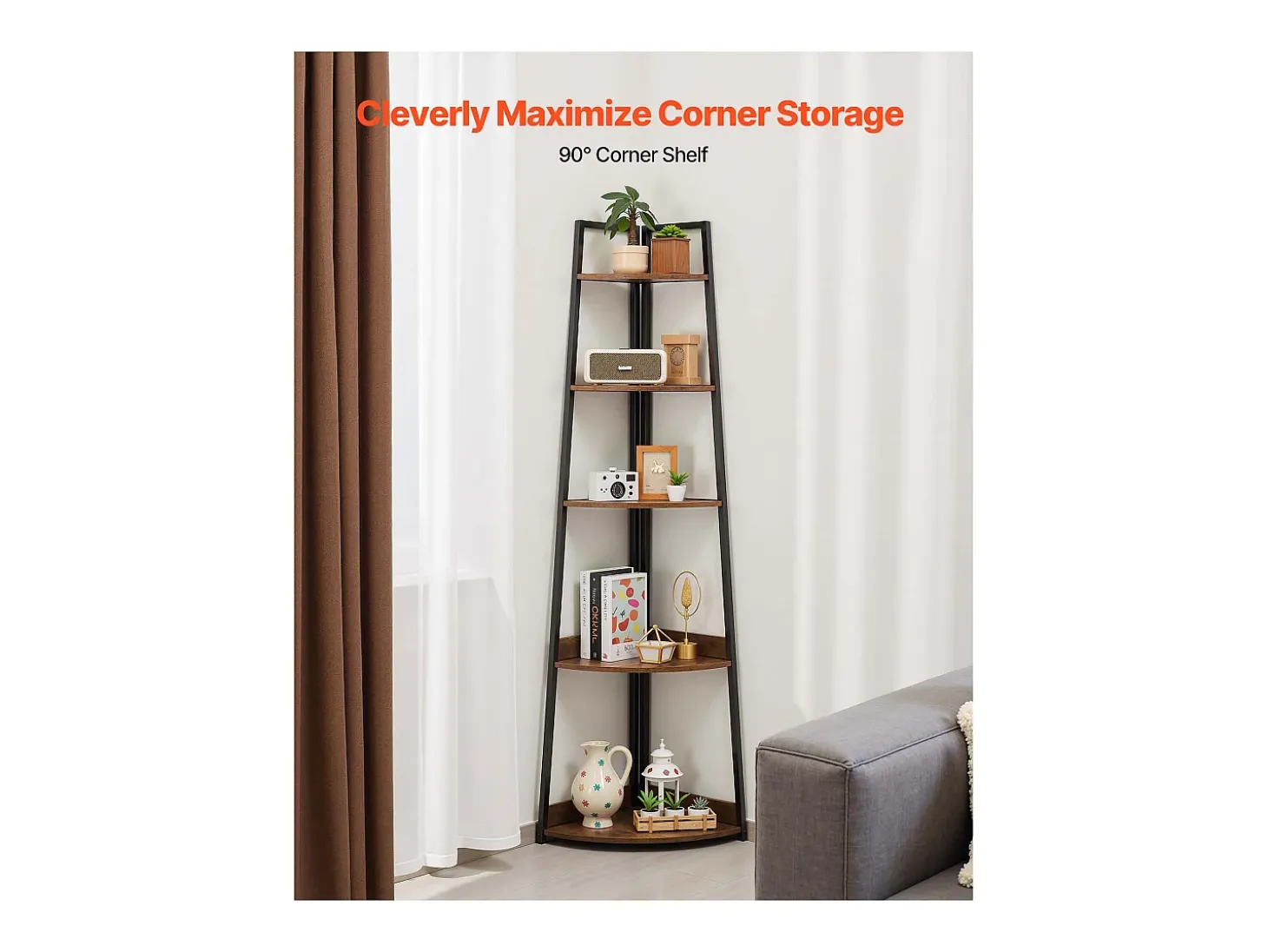 Estante de Esquina SucceBuy de 5 Niveles, Librería de Esquina, Altura 178 cm, Mueble de Almacenamiento de Pared con Marco de Metal y Estantes de Madera