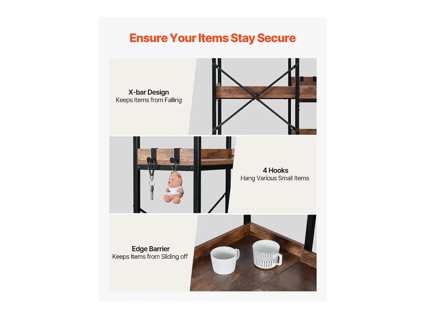 Estante de Esquina SucceBuy de 5 Niveles, Altura 166,1 cm, Librería de Esquina en L con 4 Ganchos, Mueble de Almacenamiento Reversible con Marco de Metal