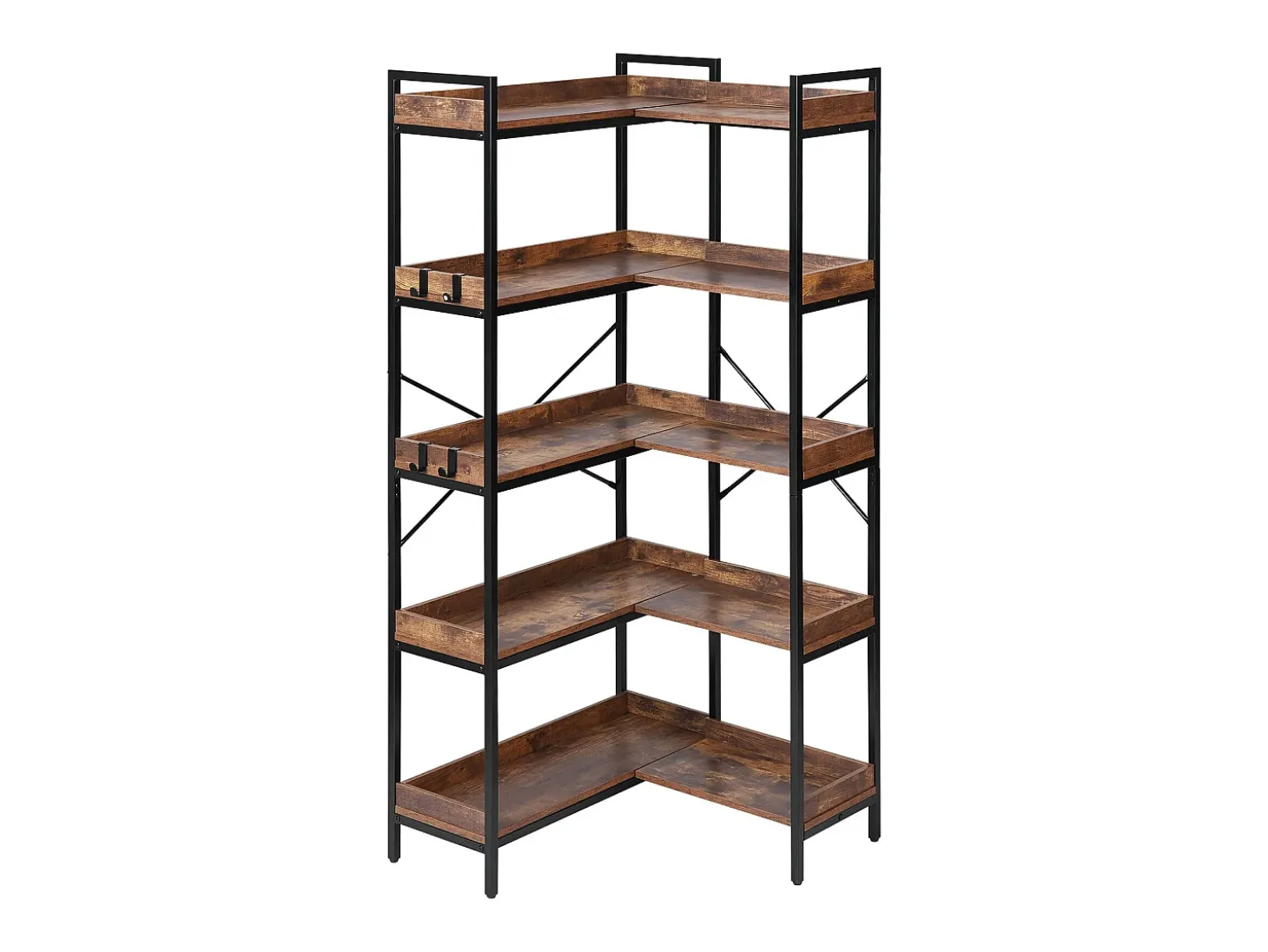 Estante de Esquina SucceBuy de 5 Niveles, Altura 166,1 cm, Librería de Esquina en L con 4 Ganchos, Mueble de Almacenamiento Reversible con Marco de Metal