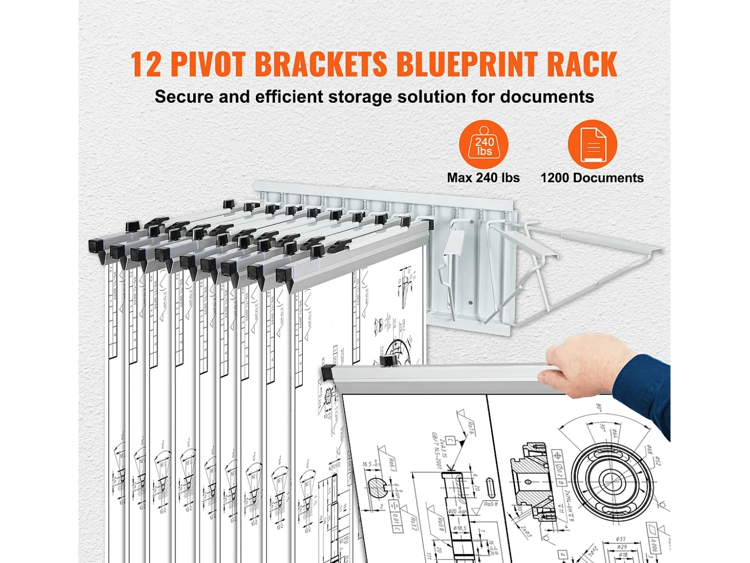 Estante de Pared para Planos SucceBuy, 12 Soportes Giratorios, con Capacidad para 1200 Hojas