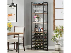Estante de vinos autónoma de 9 niveles con soporte de vidrio y estantes de almacenamiento, Estante para botellas de vino, de color marrón rústico