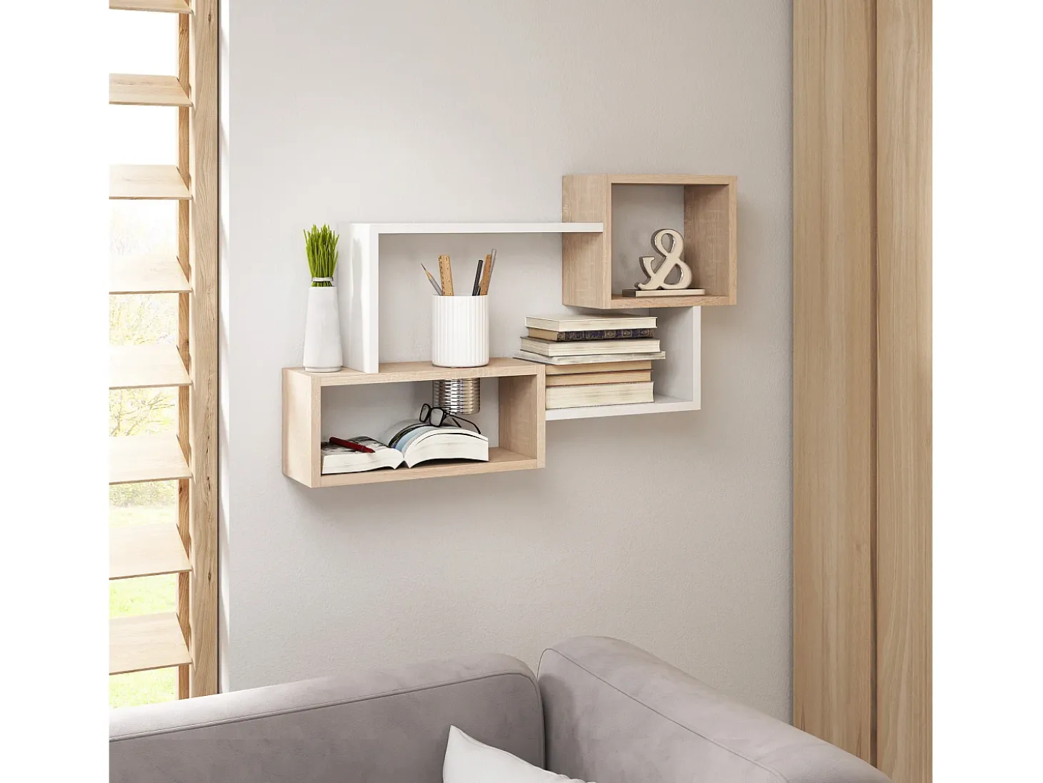 Estante moderna de pared con 3 rectángulos para salón, dormitorio y habitación, roble sonoma y blanco mate