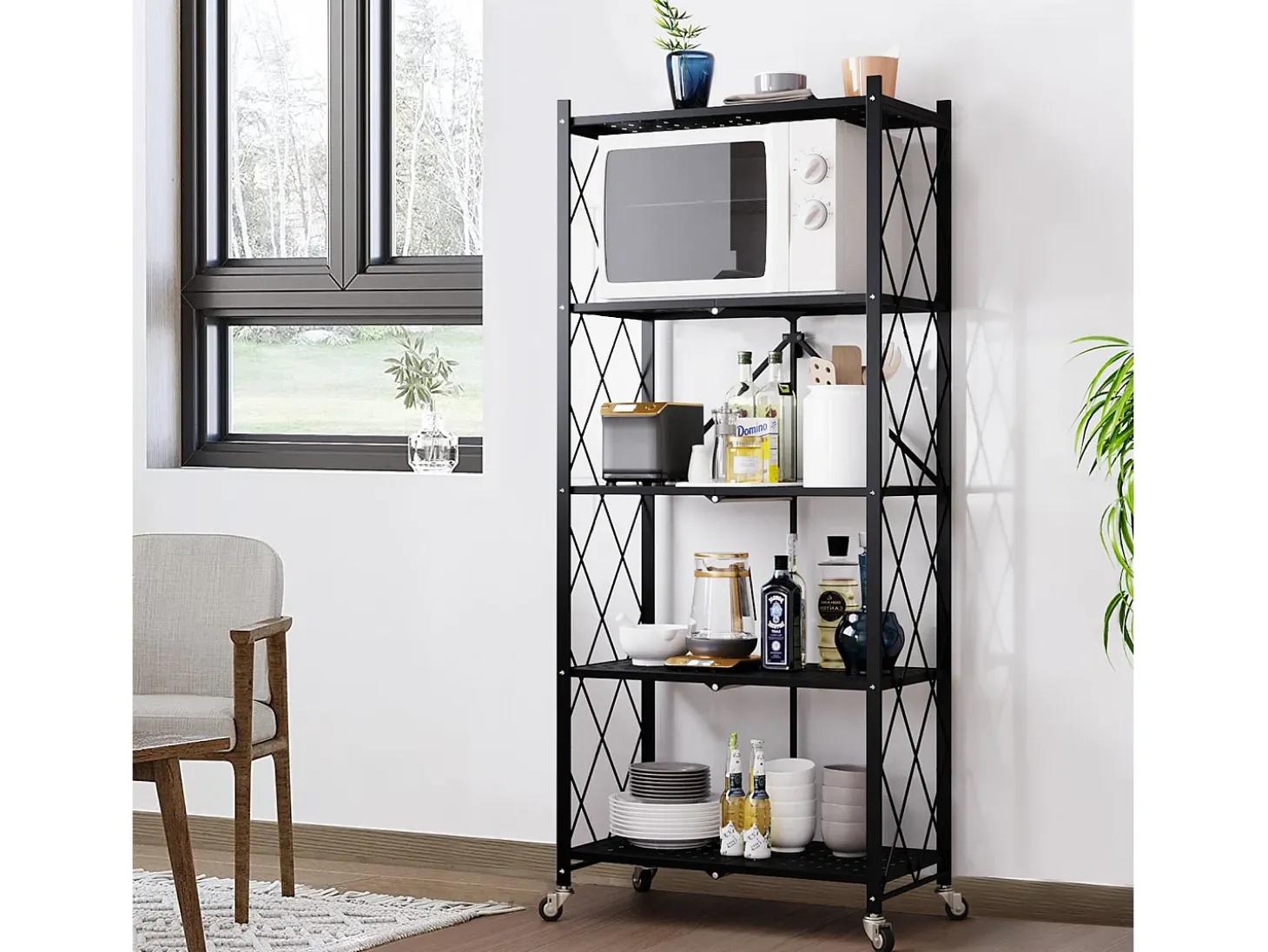 Estante organizador plegable HomeMiYN de 4-5 niveles: almacenamiento multiusos para el hogar, la cocina y el baño, color negro