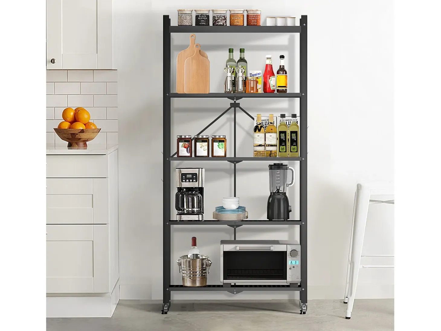 Estante organizador plegable HomeMiYN de 4-5 niveles: almacenamiento multiusos para el hogar, la cocina y el baño, color negro